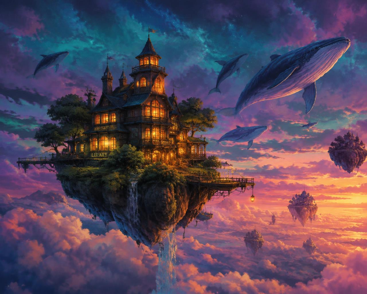 Illustration numérique d'une bibliothèque éclairée sur une île flottante, entourée de baleines volant dans un ciel violet et rose.
