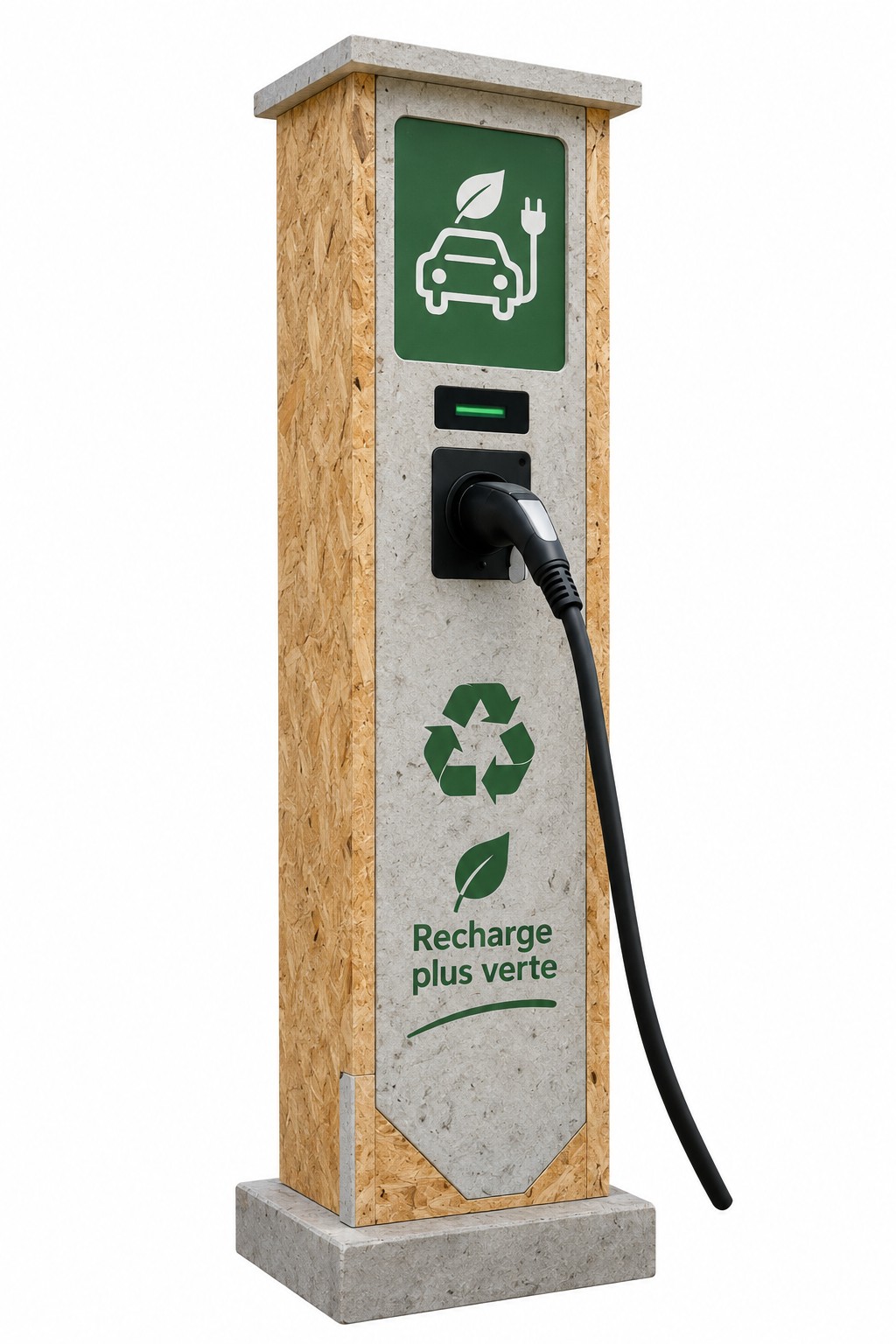 Borne de recharge écologique en bois et béton, avec une prise et un câble noir, un pictogramme de voiture électrique verte et la mention « Recharge plus verte ».