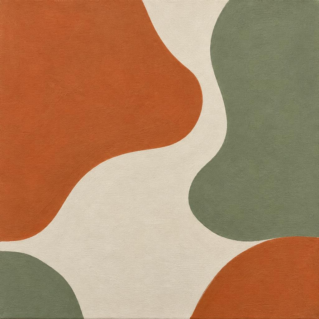Peinture abstraite composée de grandes formes arrondies terracotta et vert sauge sur fond crème.
