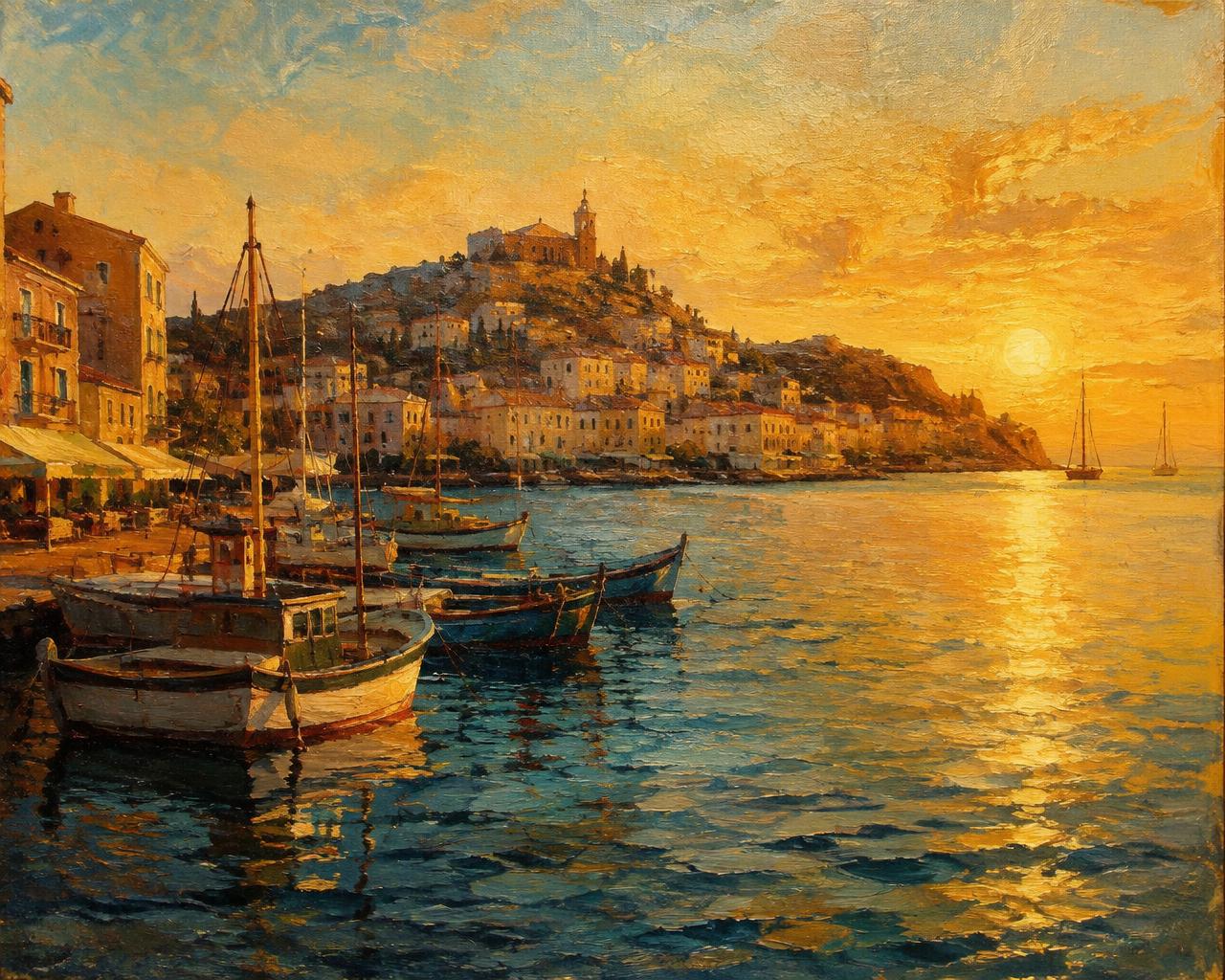 Peinture à l'huile d'un port méditerranéen au coucher du soleil, barques au premier plan et ville sur la colline.