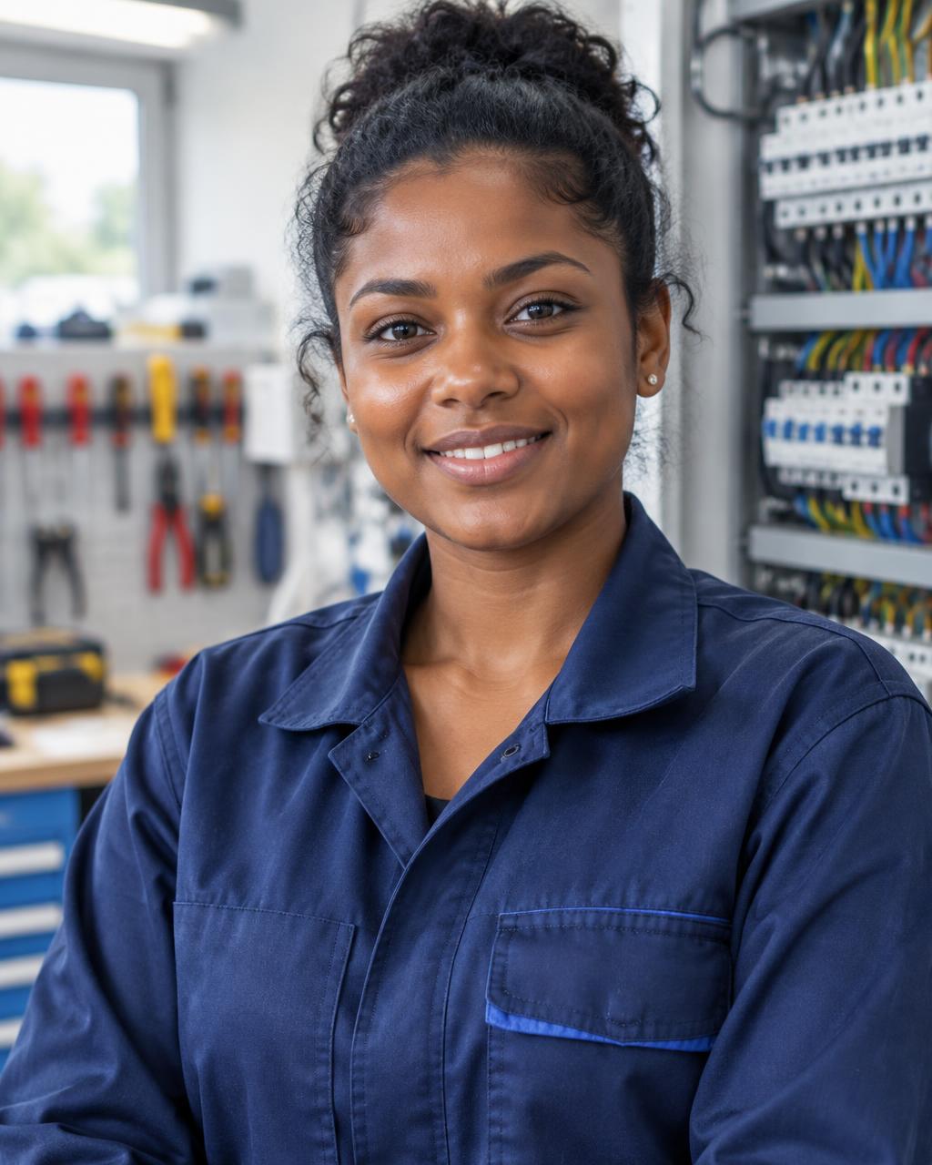 Portrait de Prisca Morvant, jeune femme noire souriante en tenue de travail bleue d'électricienne, dans un atelier avec un panneau de câblage et un casque de protection à l'arrière-plan.